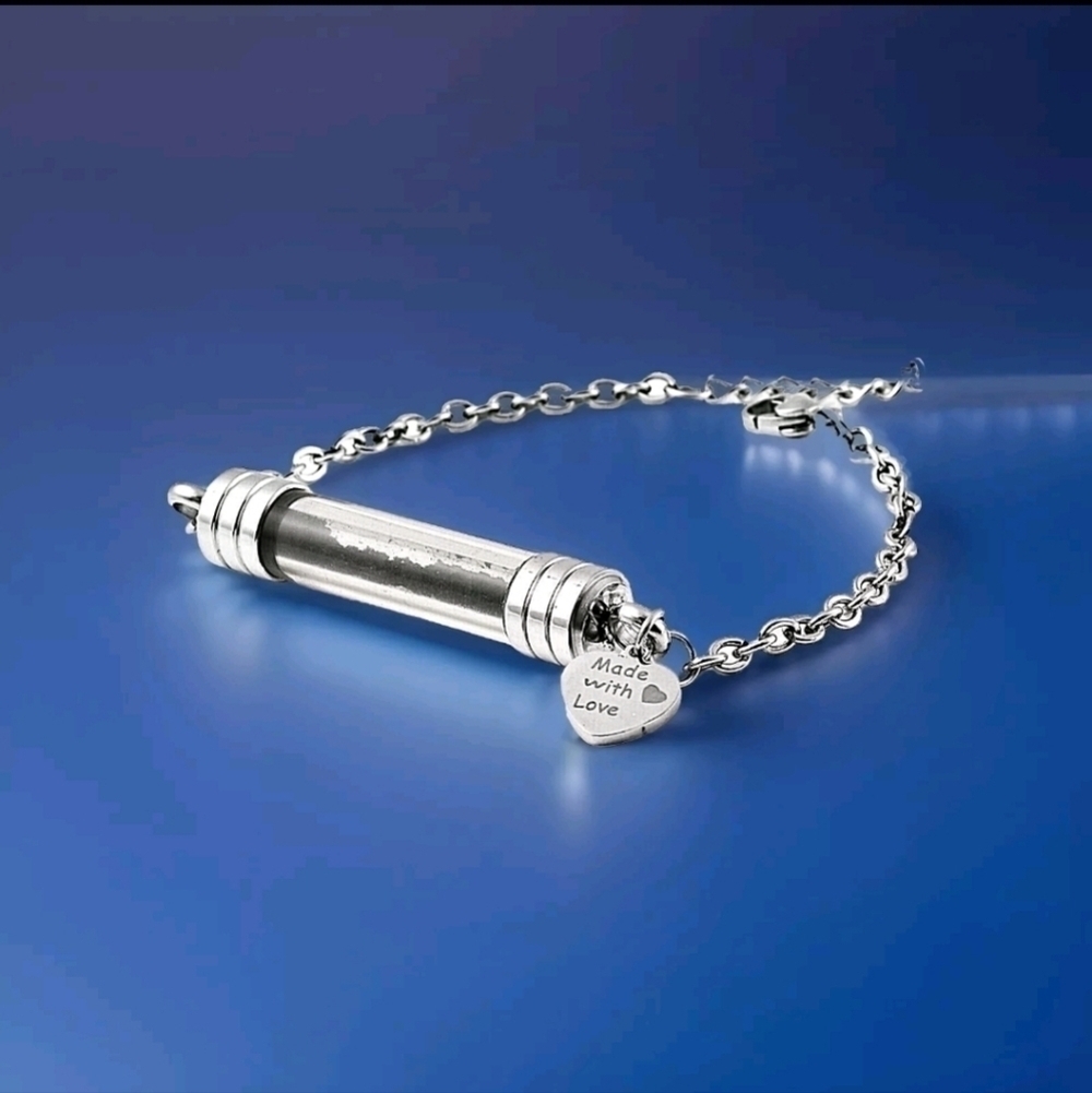 Shungite Glass Bottle Charm Adjustable Bracelet in Etched Stainless Steel